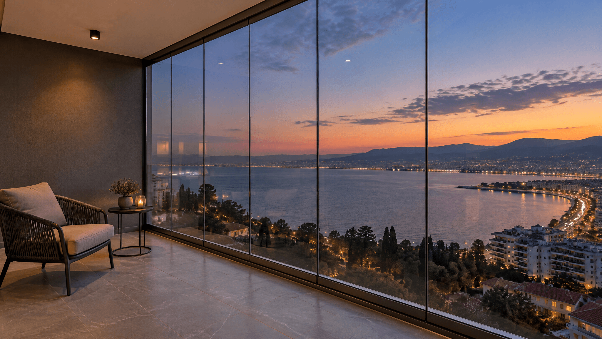 Cam balkon ve körfez manzarası